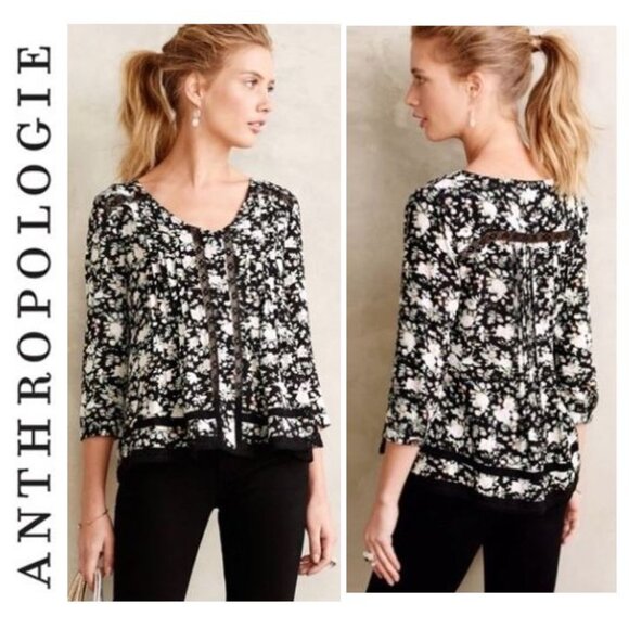 ANTHROPOLOGIE - Maeve Boho black floral blouse with cutout detailing - Picture 1 of 12